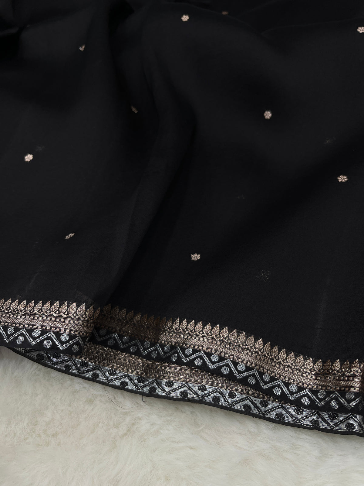 Black Banarasi Pure Kora Organza Silk Zari Polka Dot Saree