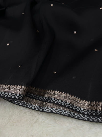 Black Banarasi Pure Kora Organza Silk Zari Polka Dot Saree