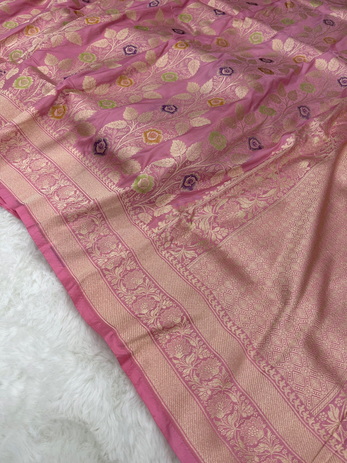 Wedding Wear Petal Pink Handwoven Banarasi Pure Katan Silk Meenakari Saree