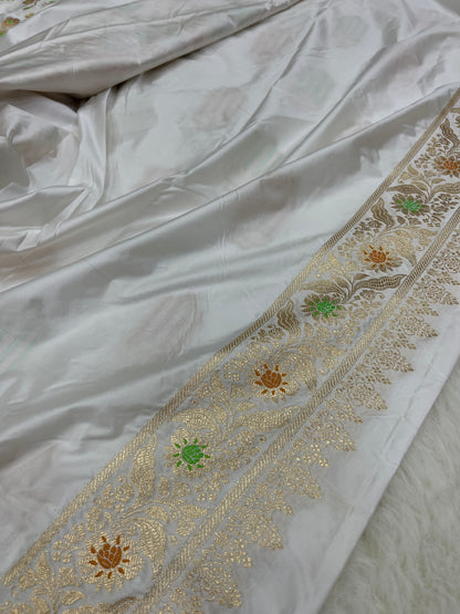 Elegant Christian Bridal Wear Ivory White Banarasi Mashru Silk Meenakari Saree