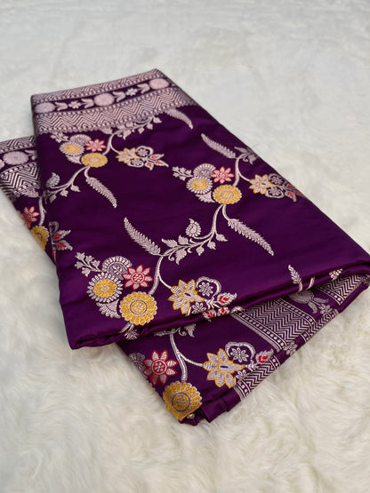 Purple Banarasi Soft Mashru Minakari Floral Jaal Work Saree