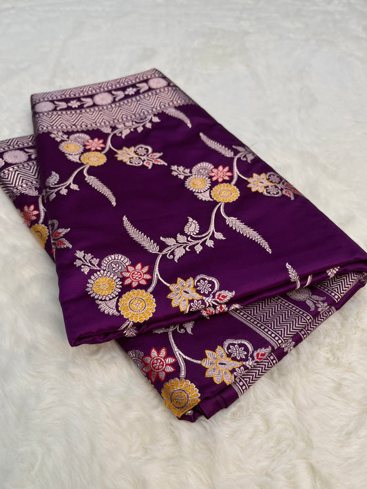 Purple Banarasi Soft Mashru Minakari Floral Jaal Work Saree