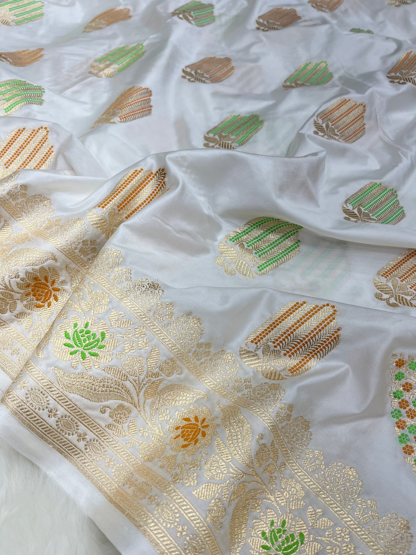 Elegant Christian Bridal Wear Ivory White Banarasi Mashru Silk Meenakari Saree