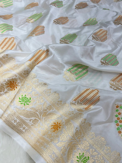 Elegant Christian Bridal Wear Ivory White Banarasi Mashru Silk Meenakari Saree