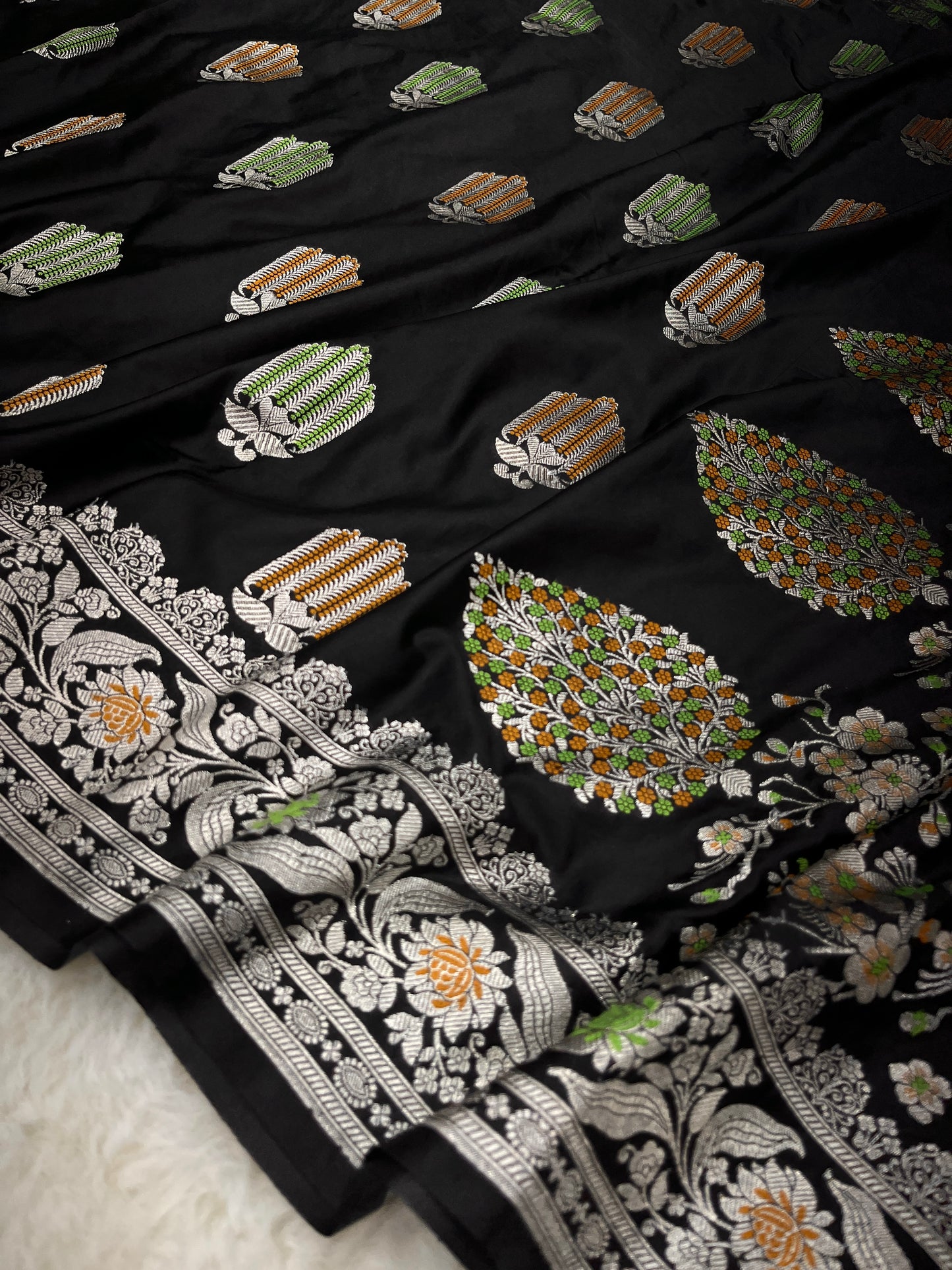Cocktail Evening Wear Ebony Black Banarasi Mashru Silk Meenakari Saree