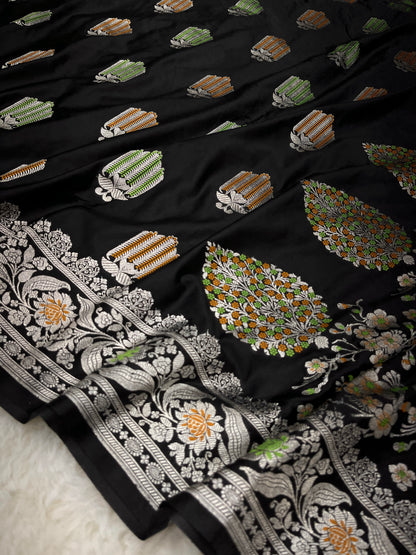 Cocktail Evening Wear Ebony Black Banarasi Mashru Silk Meenakari Saree