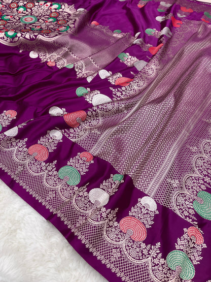 Royal Dark Purple Banarasi Pure Mashru Silk Meenakari Saree