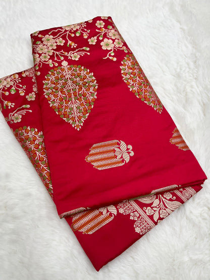 Iconic Bridal Wedding Wear Crimson Red Banarasi Mashru Silk Meenakari Saree