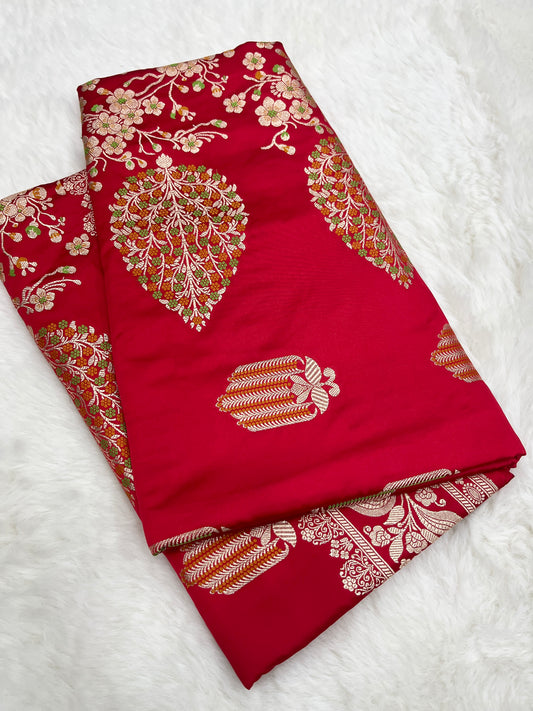 Iconic Bridal Wedding Wear Crimson Red Banarasi Mashru Silk Meenakari Saree