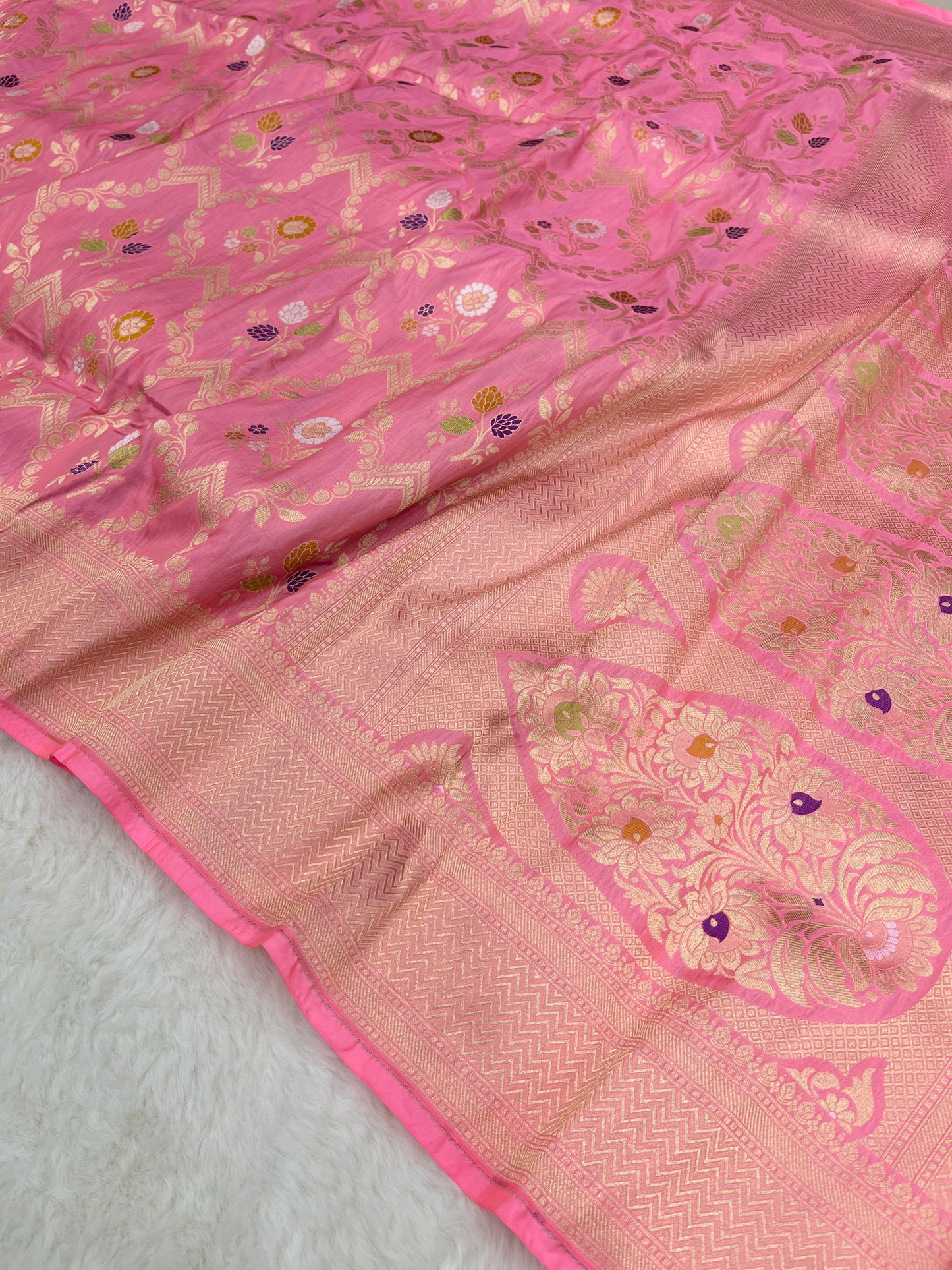 Blush Baby Pink Handwoven Banarasi Pure Katan Silk Meenakari Saree | Elegant Bridal Wear