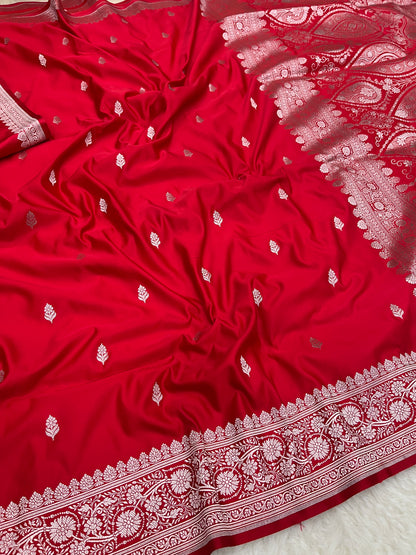 Red Bridal Banarasi Mashru Katan Silk Bootidar Saree