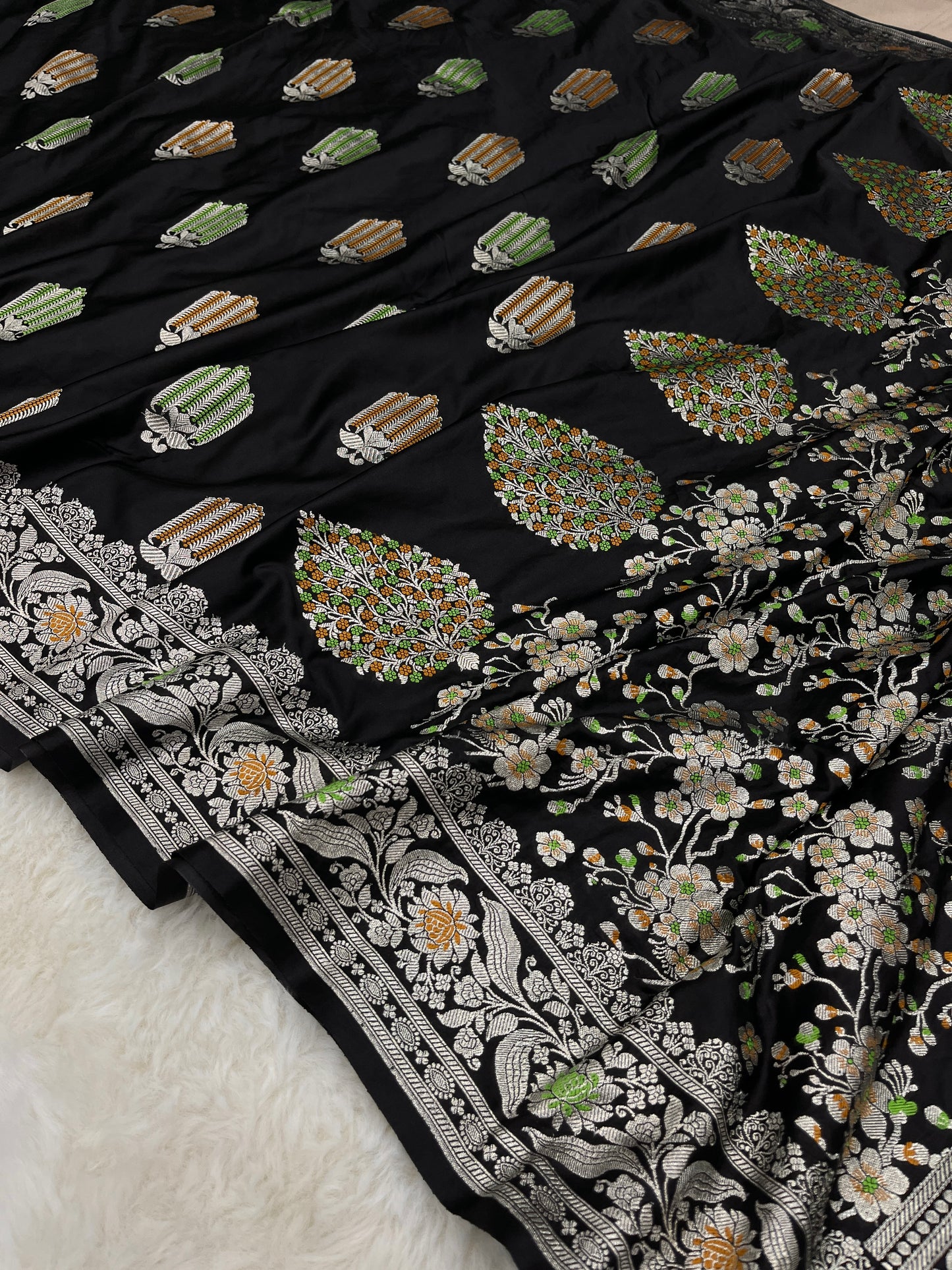 Cocktail Evening Wear Ebony Black Banarasi Mashru Silk Meenakari Saree