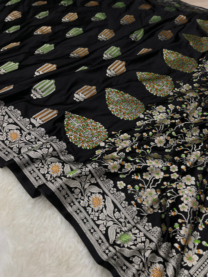 Cocktail Evening Wear Ebony Black Banarasi Mashru Silk Meenakari Saree