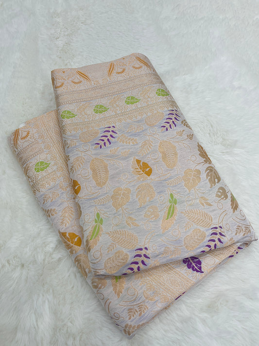 Silver Handwoven Banarasi Pure Katan Silk Flora Meenakari Saree