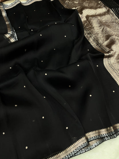 Black Banarasi Pure Kora Organza Silk Zari Polka Dot Saree