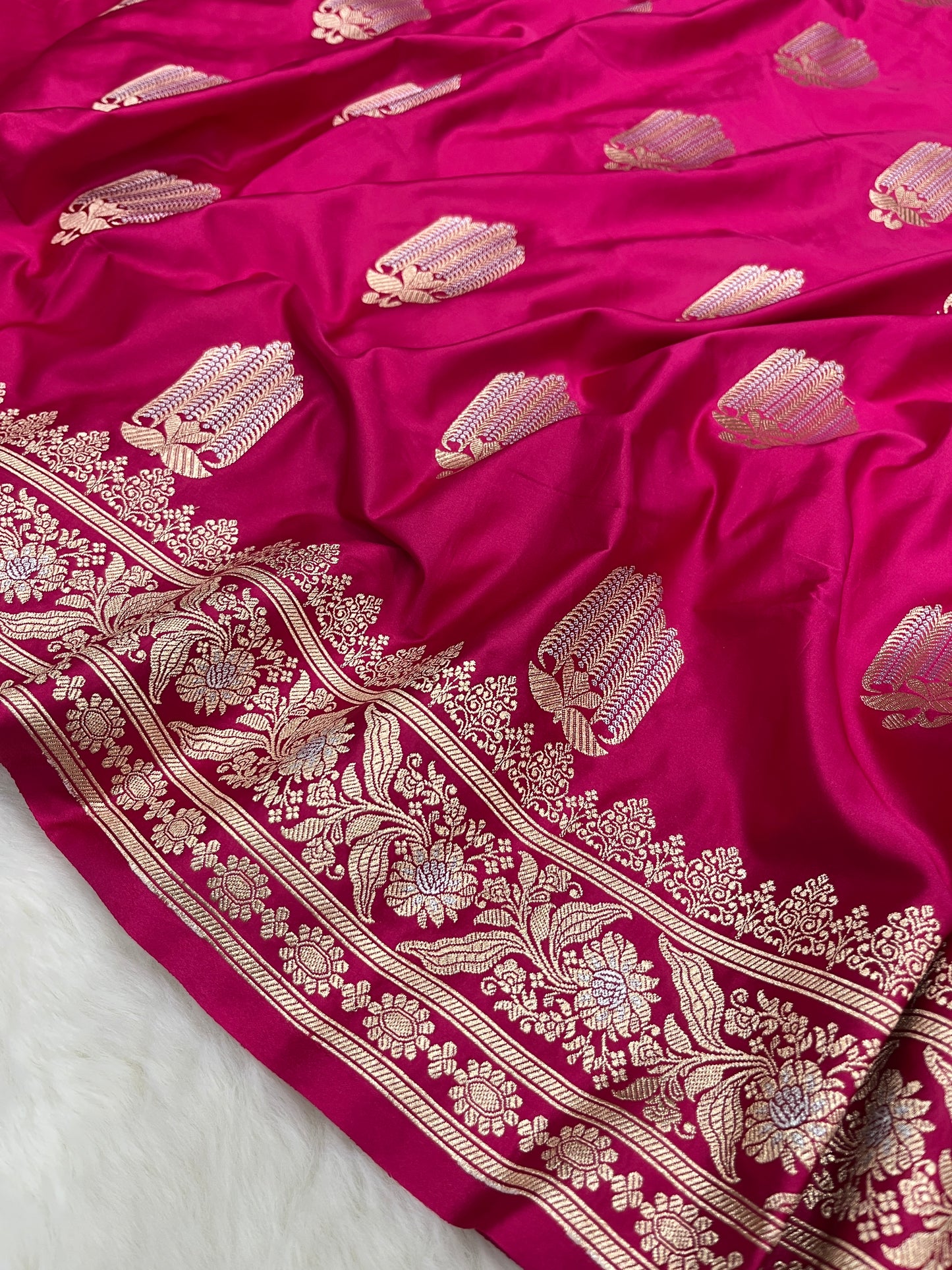Rose Pink Banarasi Silk Saree with Sona Rupa Meenakari | Graceful Bridal Wedding Wear