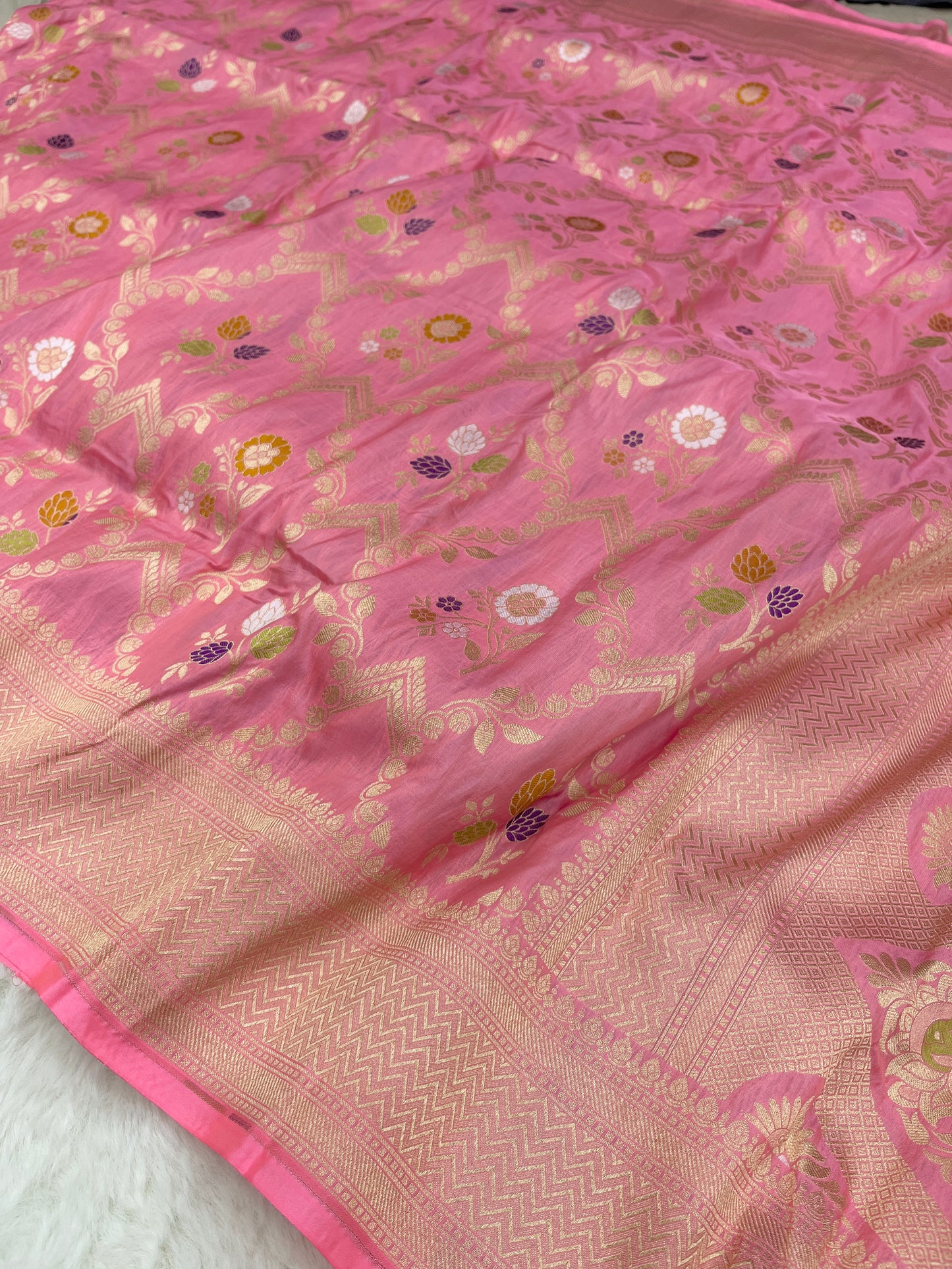 Blush Baby Pink Handwoven Banarasi Pure Katan Silk Meenakari Saree | Elegant Bridal Wear