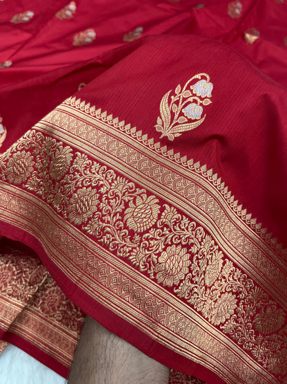 Crimson Red Banarasi Meenakari Bootidar Saree Handcrafted Kadua Weave Bridal Wear