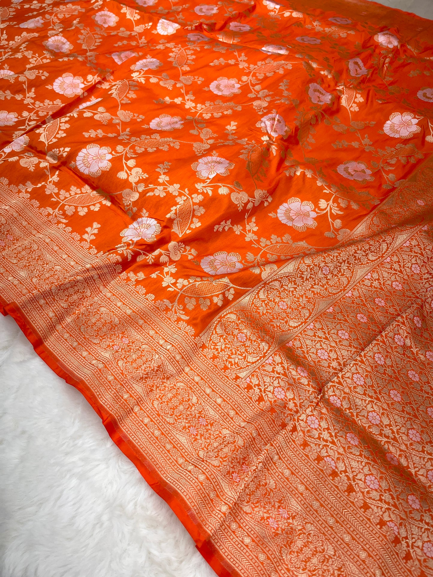 Rust Orange Handwoven Banarasi Pure Katan Silk Meenakari Saree | Regal Bridal Wedding Wear