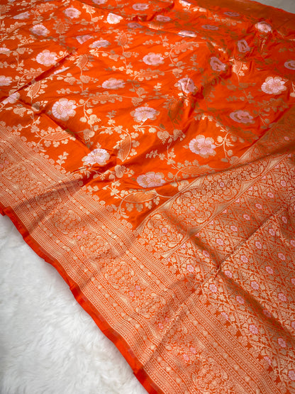 Rust Orange Handwoven Banarasi Pure Katan Silk Meenakari Saree | Regal Bridal Wedding Wear