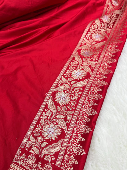 Regal Bridal Wear Crimson Red Banarasi Pure Mashru Silk Sona Rupa Meenakari Saree