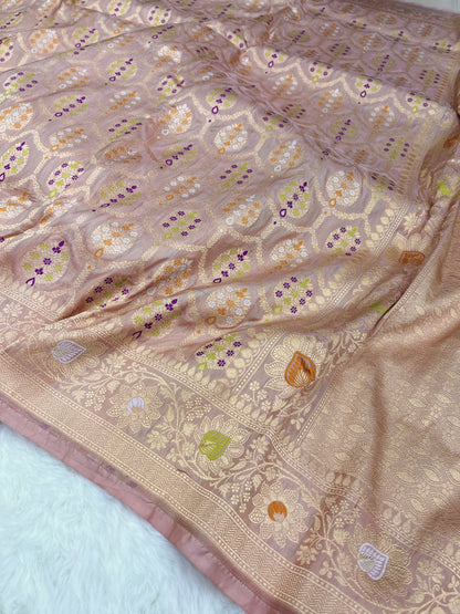 Rose Gold Radiance Handwoven Banarasi Pure Katan Silk Meenakari Saree