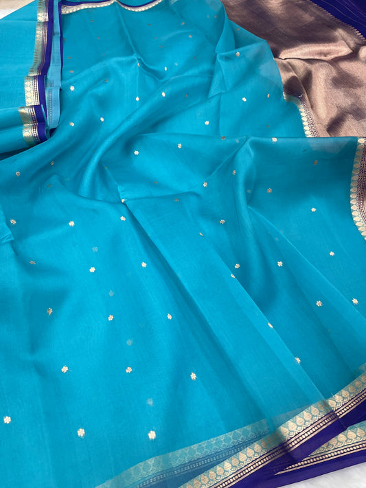Turquoise Blue Banarasi Pure Kora Organza Silk Saree