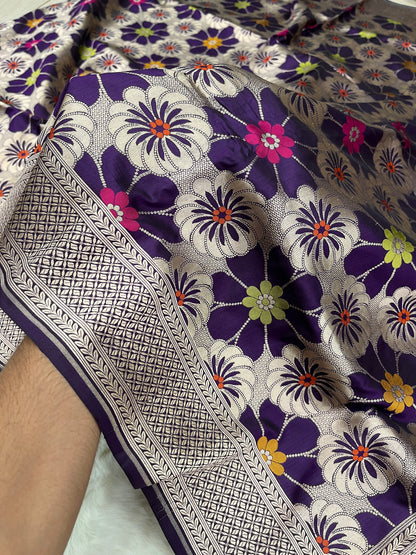 Cocktail Wear Dark Purple Royal Amethyst Handwoven Banarasi Pure Katan Silk Meenakari Saree