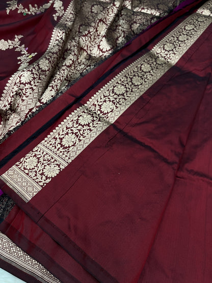 Sophisticated Cocktail Evening Wear Wine Velvet Banarasi Leheriya Meenakari Katan Silk Saree