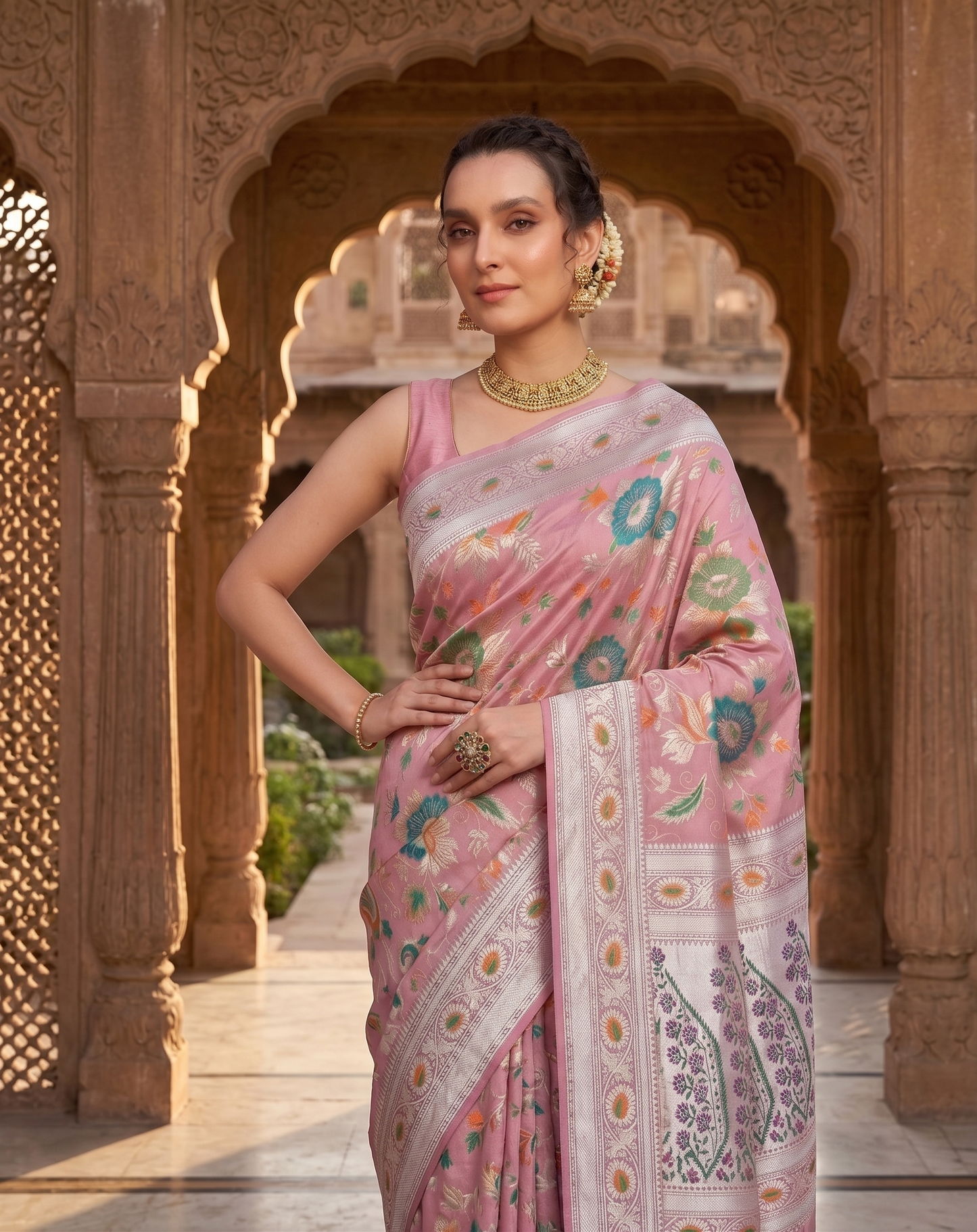 Banarasi Handloom Pure Tusser Silk Pink Minakari Saree