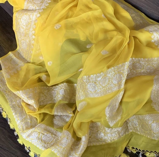 Lemon Yellow Banarasi Pure Chiffon Silk Saree