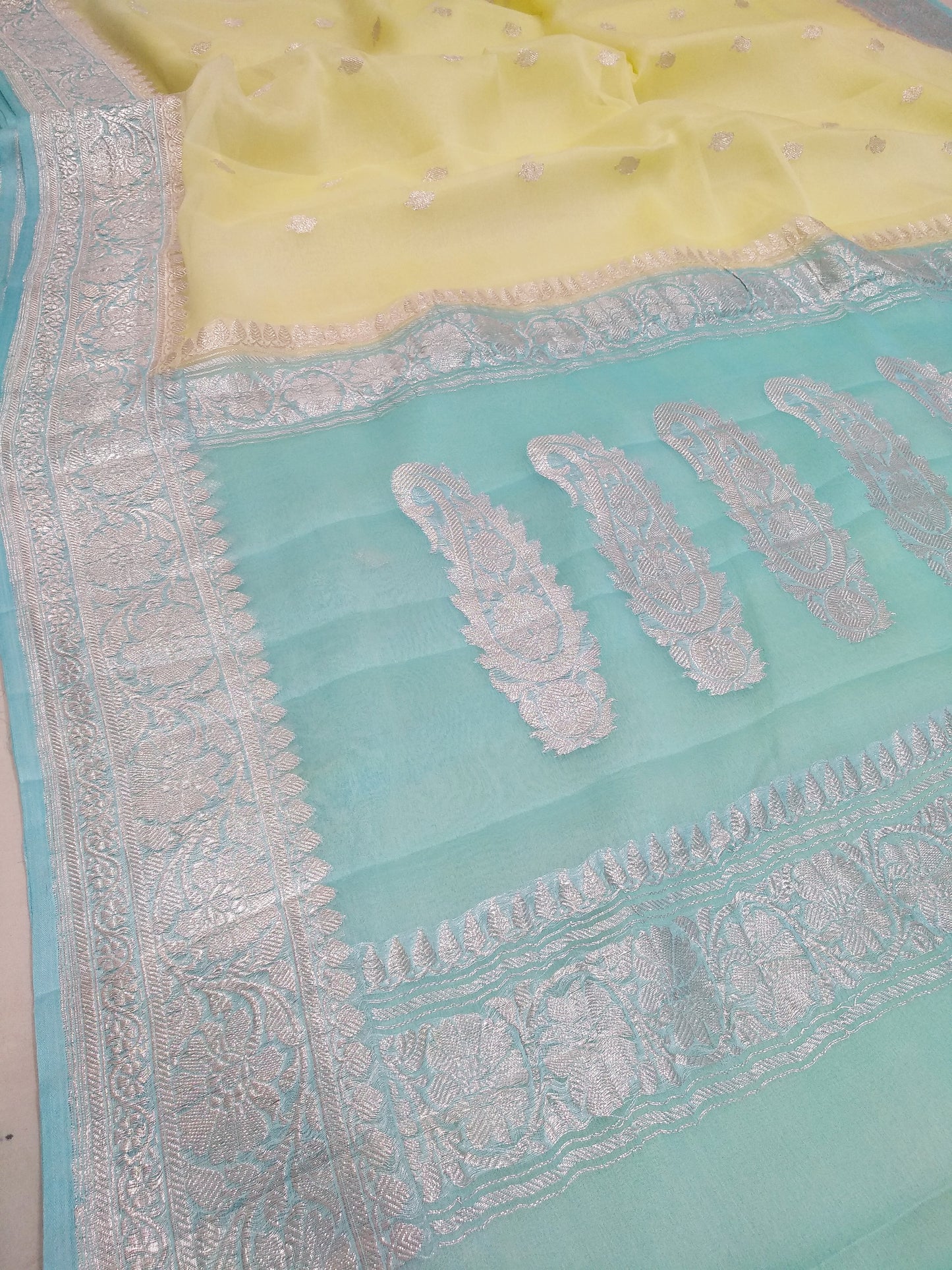 Yellow Blue Banarasi Pure Chiffon Silk Saree