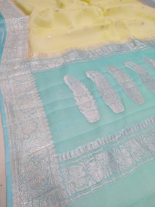 Yellow Blue Banarasi Pure Chiffon Silk Saree