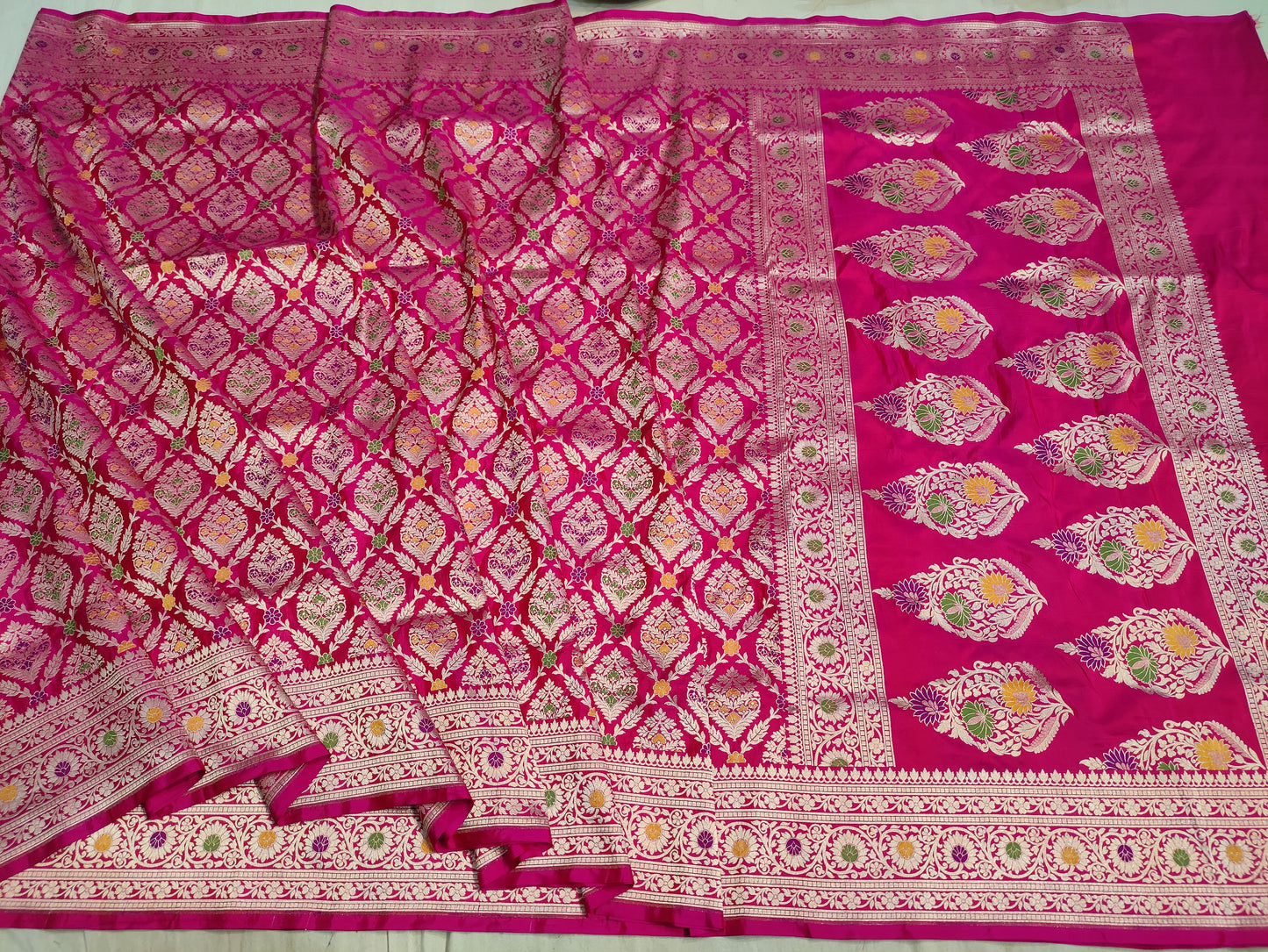 Rani Pink Handwoven Banarasi Pure Katan Silk Meenakari Bridal Saree