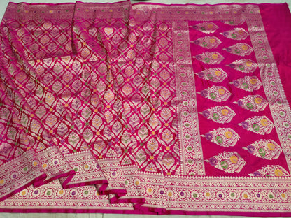 Rani Pink Handwoven Banarasi Pure Katan Silk Meenakari Bridal Saree