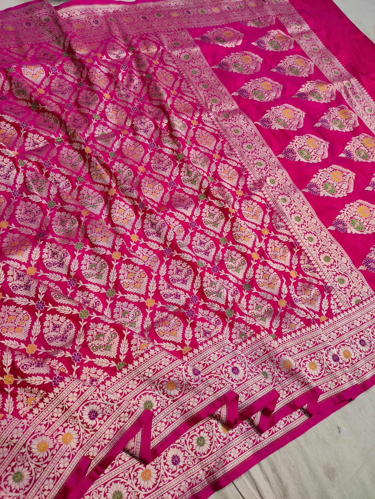 Rani Pink Handwoven Banarasi Pure Katan Silk Meenakari Bridal Saree