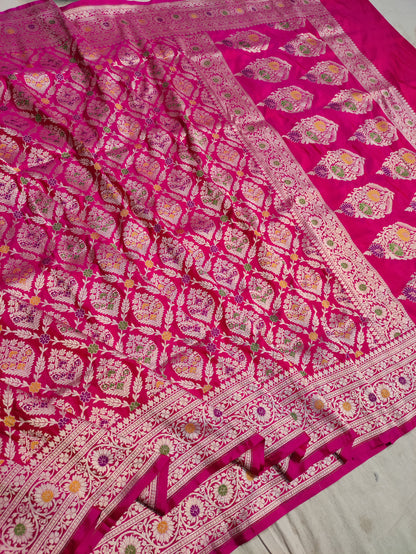 Rani Pink Handwoven Banarasi Pure Katan Silk Meenakari Bridal Saree