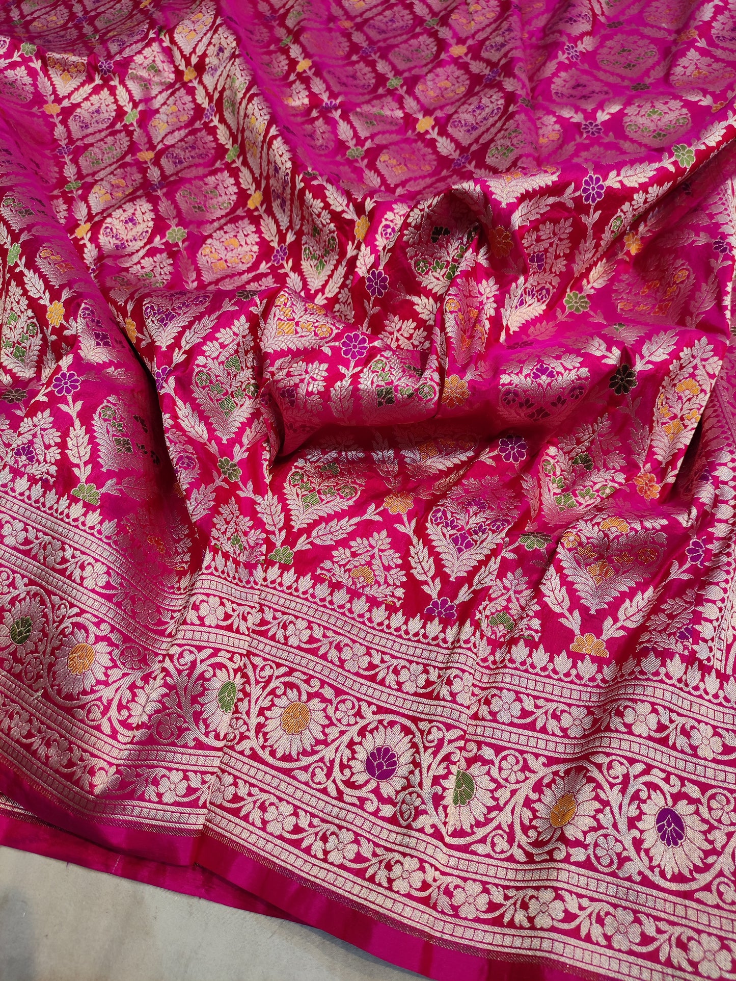 Rani Pink Handwoven Banarasi Pure Katan Silk Meenakari Bridal Saree