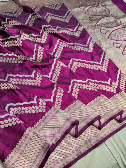 Deep Purple Handwoven Banarasi Pure Katan Silk Zig Zag Saree