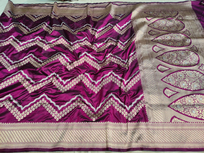 Deep Purple Handwoven Banarasi Pure Katan Silk Zig Zag Saree