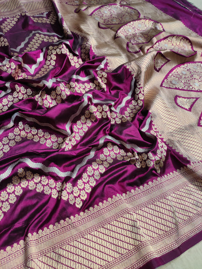 Deep Purple Handwoven Banarasi Pure Katan Silk Zig Zag Saree