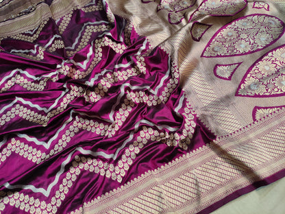 Deep Purple Handwoven Banarasi Pure Katan Silk Zig Zag Saree