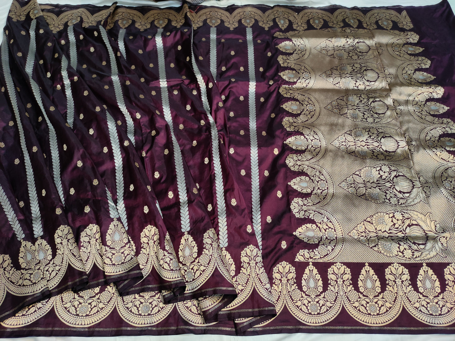 Deep Brown Handwoven Banarasi Pure Katan Silk Strip Saree