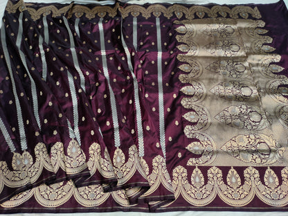 Deep Brown Handwoven Banarasi Pure Katan Silk Strip Saree