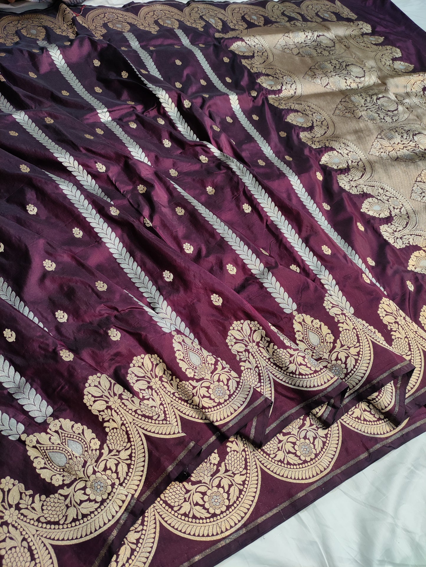 Deep Brown Handwoven Banarasi Pure Katan Silk Strip Saree