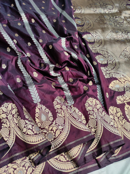 Deep Brown Handwoven Banarasi Pure Katan Silk Strip Saree