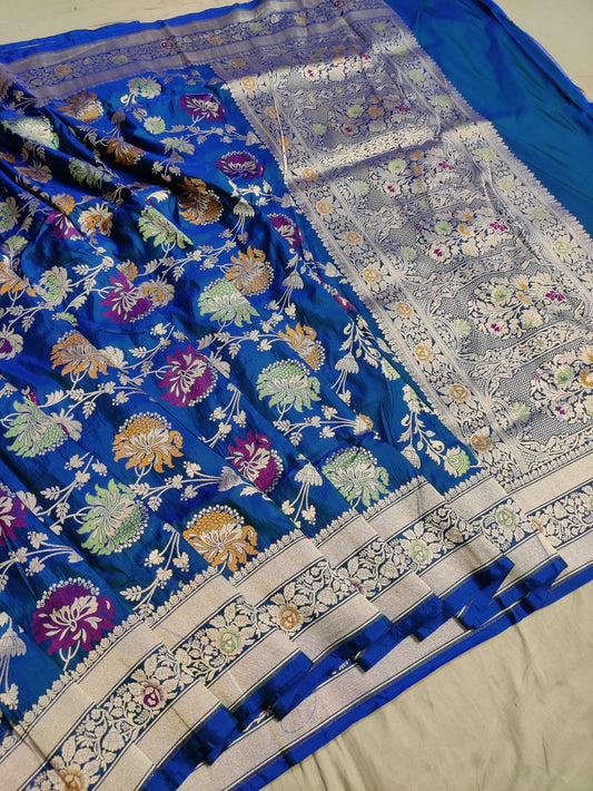 Peacock Blue Handwoven Banarasi Pure Katan Silk Floral Meenakari Saree