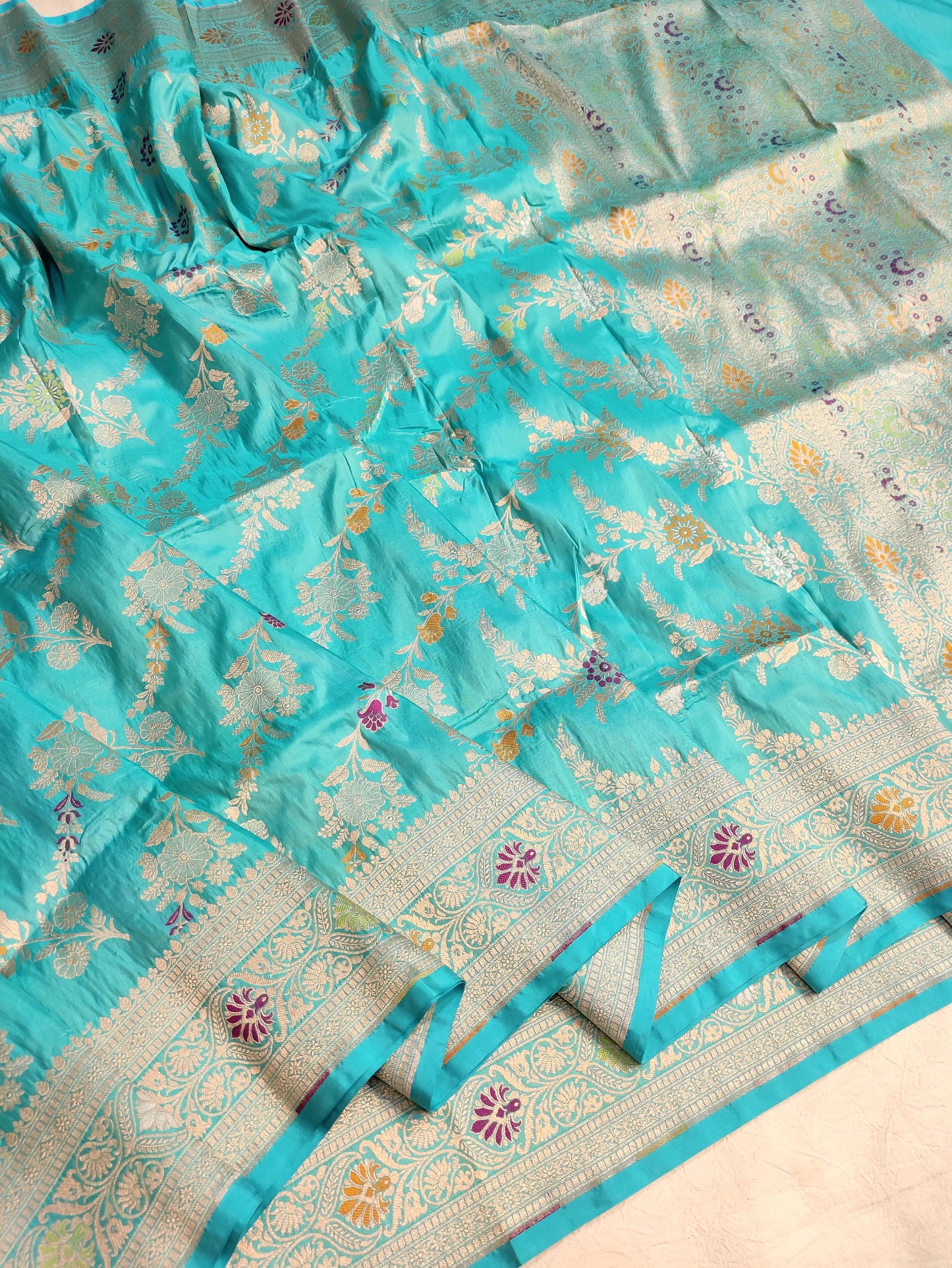 Turquoise Handwoven Banarasi Pure Katan Silk Meenakari Saree