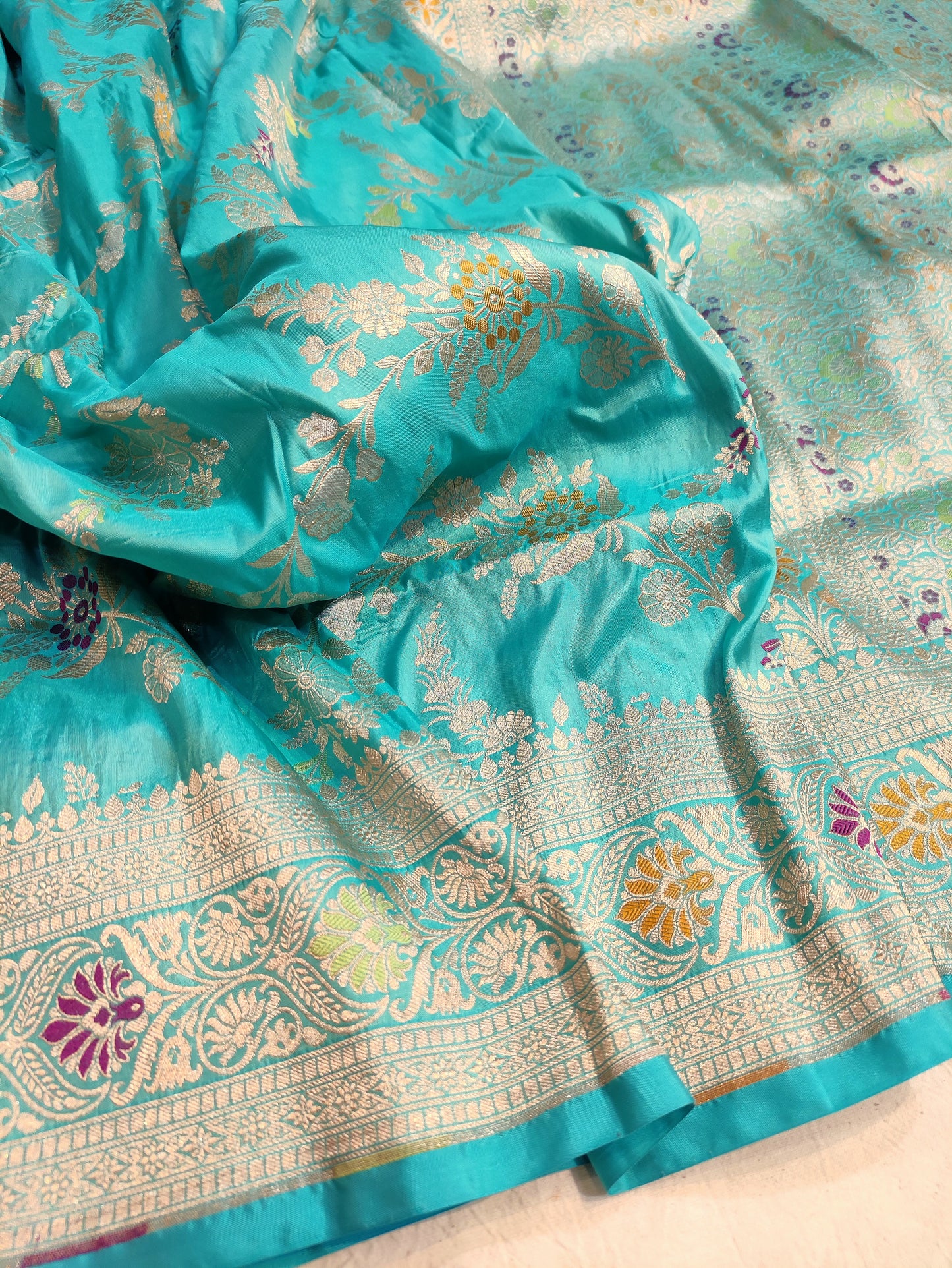 Turquoise Handwoven Banarasi Pure Katan Silk Meenakari Saree