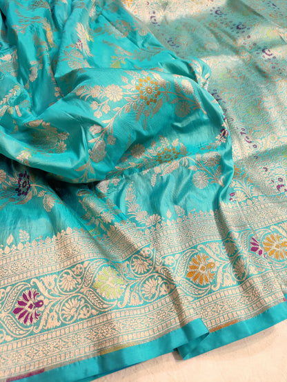 Turquoise Handwoven Banarasi Pure Katan Silk Meenakari Saree